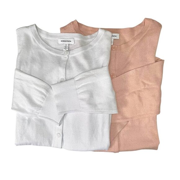 Bundle Pink White Pima Cotton Lightweight Button Down Cardigan Sweater Womens XS - Picture 1 of 16